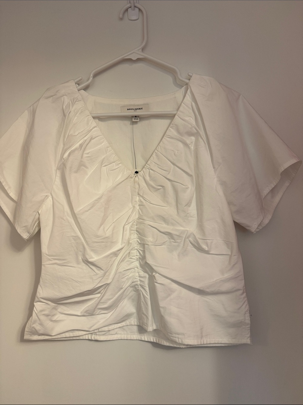 Banana Republic White V-Neck Cotton Ruched Front Short Sleeve Blouse